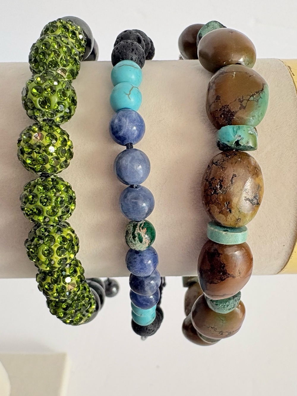 Bracelet Bundle Boho Beaded Stackable Green, Brown, Blue, Silver Stretchy 2 1/2”